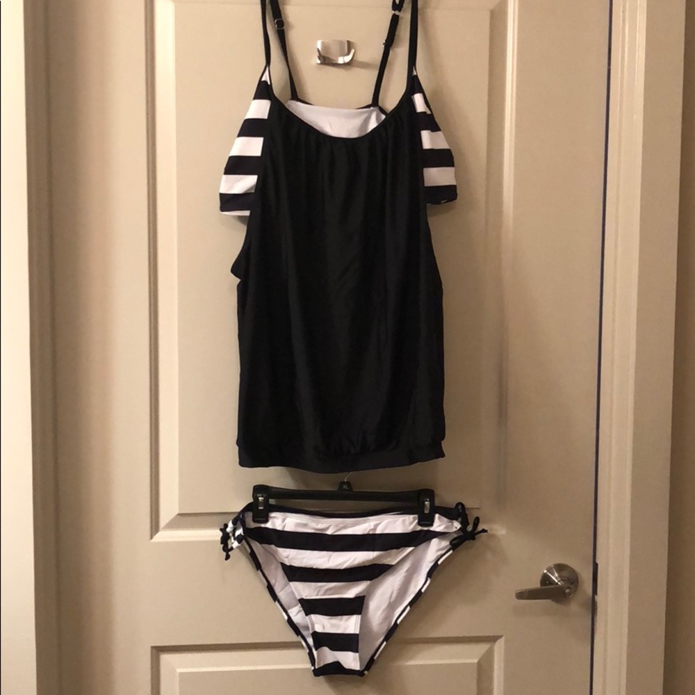 Black and white striped tankini set